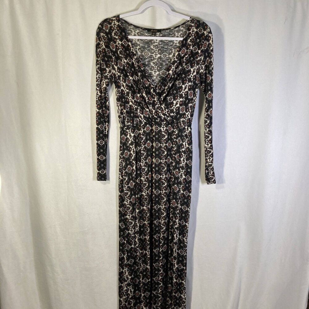 ELLA MOSS black white red geometric surplice rayon jersey knit maxi dress S